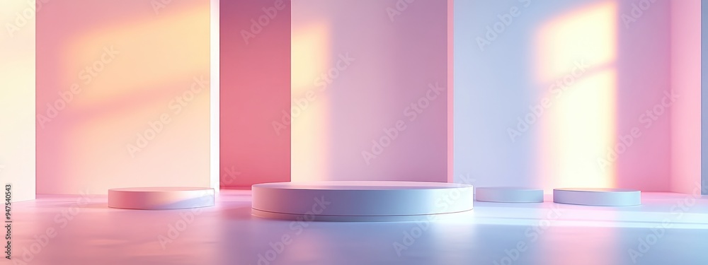 Aufkleber empty 3d rendered studio featuring white geometric podium on the floor abstract platforms for produc