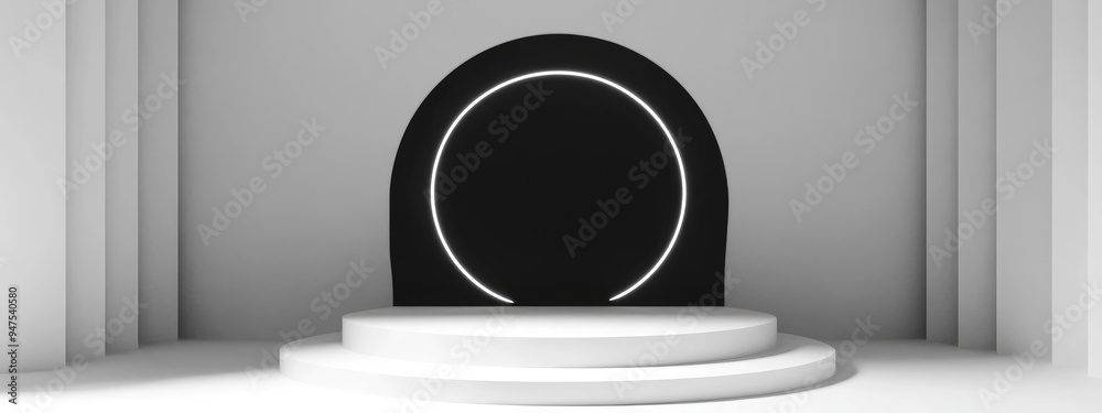 Poster Black and white circular display on a light background 3D rendered image