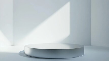 Empty exhibition space or product shelf in bright white tones 3D rendering Shiny silver pedestal platform display with luxury stand podium against a white backdrop