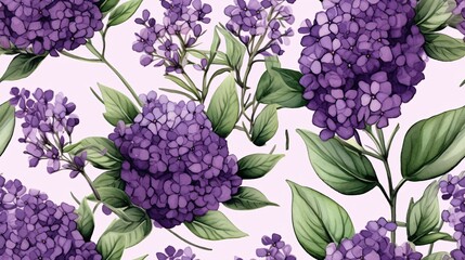 Intricately detailed watercolor purple verbena flowers paired with green leaves, arranged in a seamless pattern for a sophisticated vintage luxury design