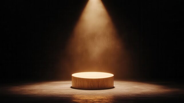 A dramatic spotlight illuminates a wooden podium, creating a captivating atmosphere perfect for presentations or performances.