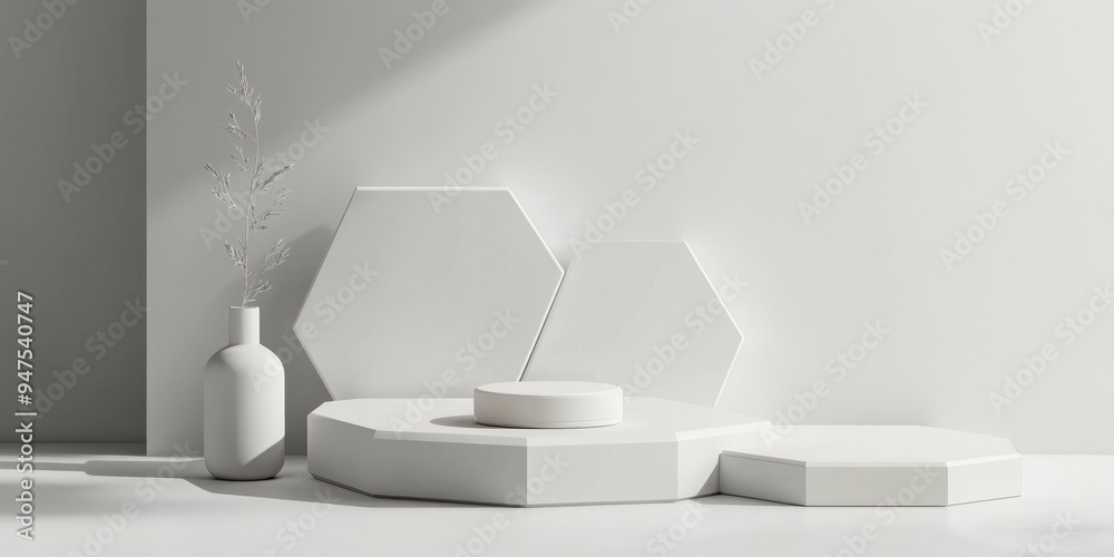 Aufkleber minimalist 3d hexagon podium in white and gray tones abstract geometric shape rendering ideal displa
