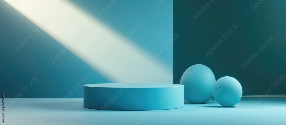 Poster Minimalist blue podium for product display with geometric sphere shapes in the background Empty template featuring cylinder shape Blank stage for mockup presentation 3D rendered illustration