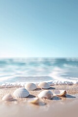 A minimalist 3D summer scene with a clear blue sky, gentle waves, and a few scattered seashells, leaving ample copy space for text.