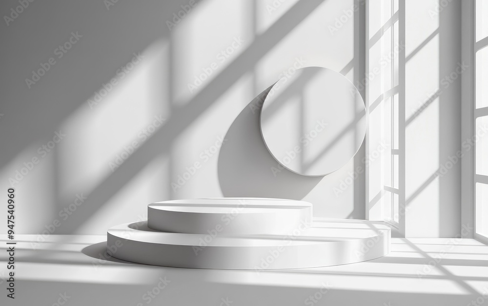 Poster Abstract 3D studio background in white tones for showcasing cosmetic products An empty grey space featuring window shadows and a blurred backdrop for product display