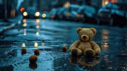 Lonely Teddy Bear in the Rain
