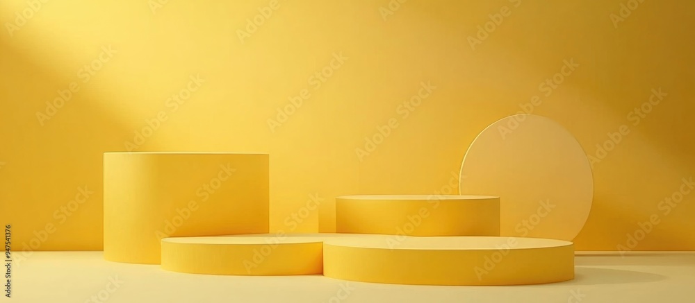 Poster yellow podiums against a pastel backdrop an abstract minimalist setting featuring geometric shapes i