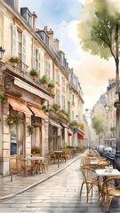 Picturesque Parisian Caf&eacute; Street with Sunlit Cobblestone and Classic Architecture