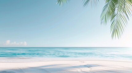 Fototapeta premium A vibrant summer 3D background featuring a sunny beach scene with palm trees, blue sky, and a calm ocean, offering ample copy space in the sky and sand areas.