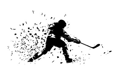 Ice hockey, hockey player shooting puck, isolated vector silhouette with distortion effect