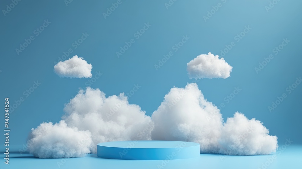 Aufkleber Blue backdrop featuring clouds and a minimalist podium 3D rendering