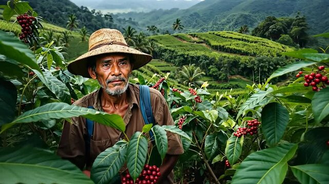Coffee Farmer Standing In Coffee Cherry Orchard