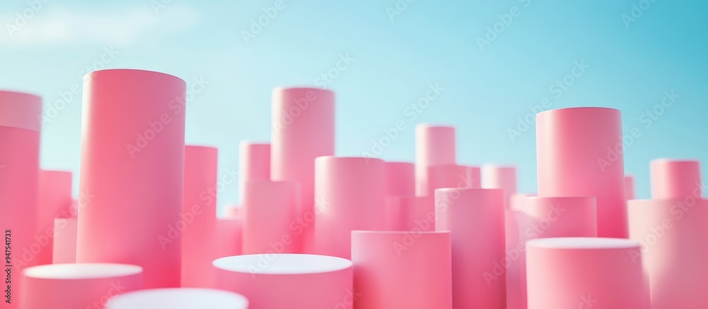 Poster abstract background featuring pink cylinders set against a sky blue backdrop high quality 3d renderi