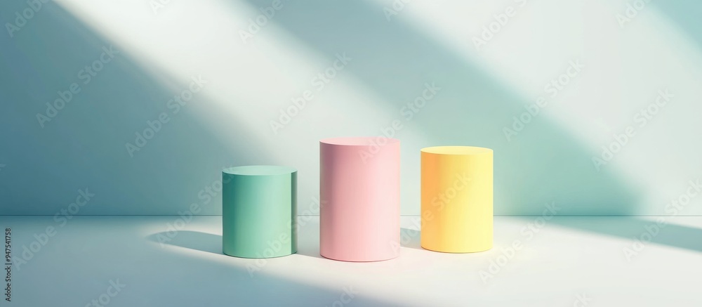 Poster Three colorful cylinders in green pink and yellow on a minimalist podium against a simple background 3D rendering