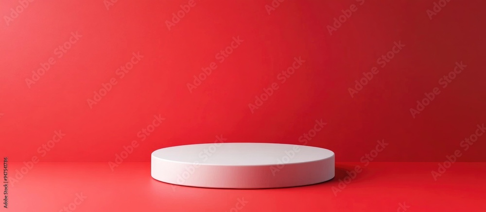 Poster Empty white podium against a red backdrop Mockup display for product showcase 3D rendering Minimalist design Advertising template