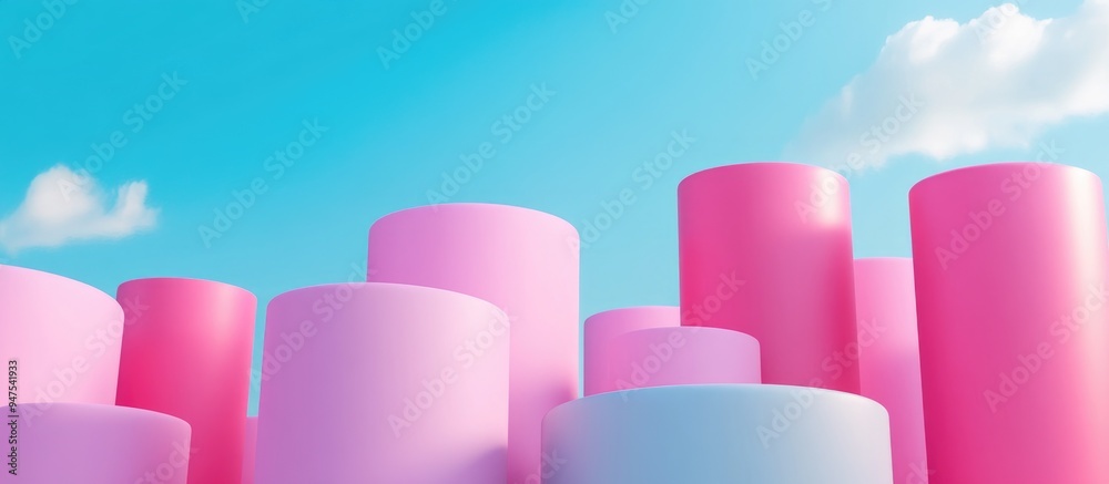 Poster abstract background featuring pink cylinders set against a sky blue backdrop high quality 3d renderi