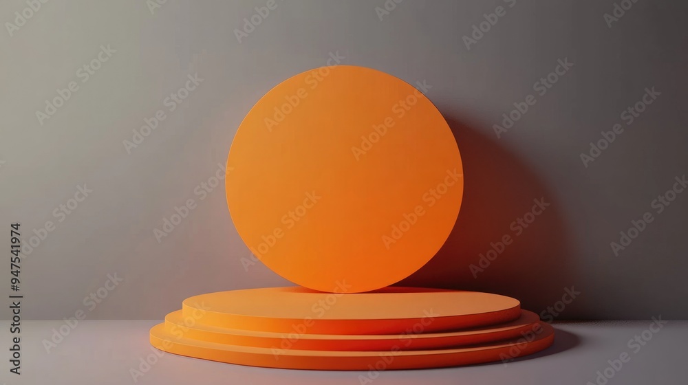 Poster minimalist 3d backdrop for showcasing products circular orange podium set against a gray background 