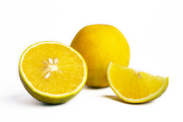 Fresh Orange fruit isolated on white background, Japanese Ehime Orange with slices on on White Background With clipping path.