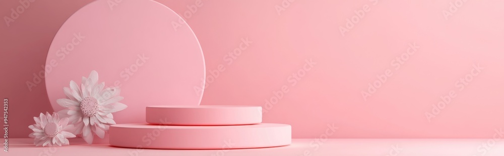 Poster creative mock up featuring geometric podium shapes for product presentation against a pink backdrop 