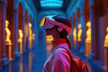 Woman in VR headset exploring virtual museum
