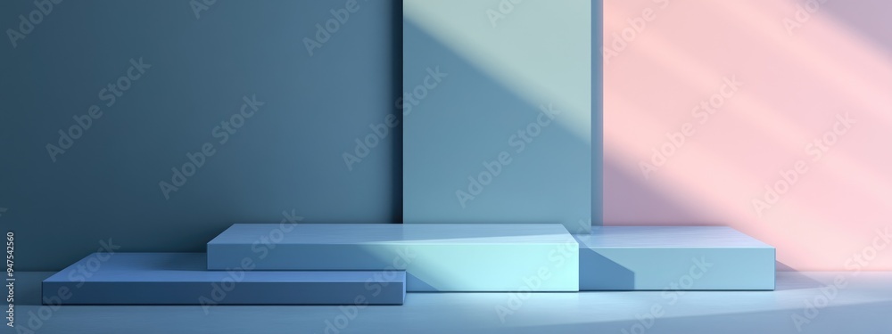 Poster Minimalist podium with abstract background featuring geometric shapes and isometric frame Empty shelves suitable for product display or commercial showcase 3D rendering