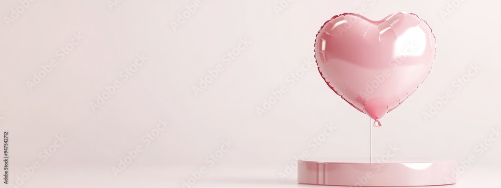 Poster pink heart shaped balloon and display stand for product showcasing on a white background