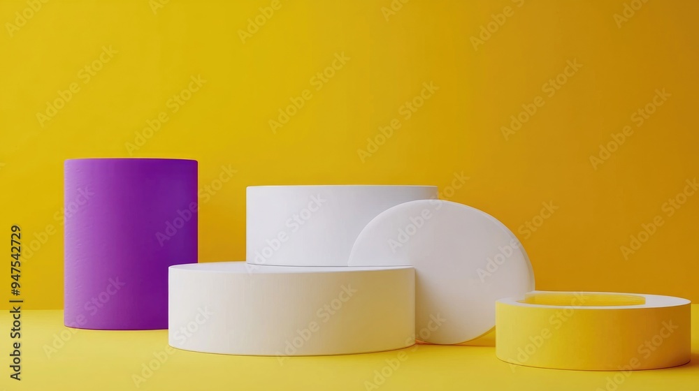 Poster Abstract geometric shapes white and purple podium on a yellow background for product display Minimalist concept 3D rendering