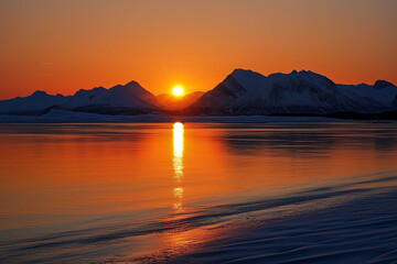 Fototapeta premium Midnight Sun Skirts the Horizon in the Far North: A Spectacular Sight