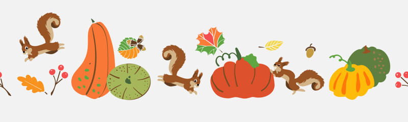 Dry oak leaves and acorns, pumpkins, cones and squirrel. Autumn seamless border pattern. Vector illustration of autumn forest.