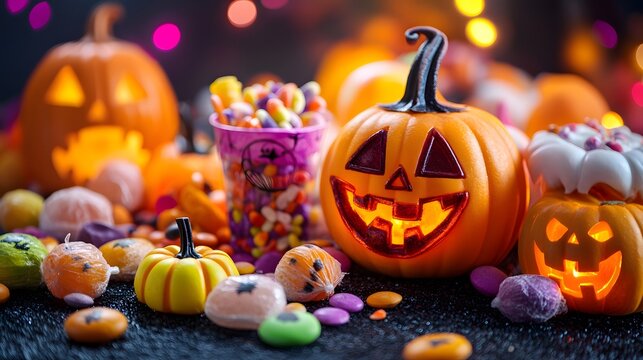 A colorful selection of Halloween candies in playful arrangements with spooky decorations creating a festive scene