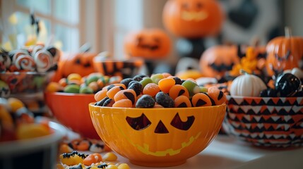 A close-up view of Halloween candies displayed in vibrant bowls with spooky decorations adding to the festive charm