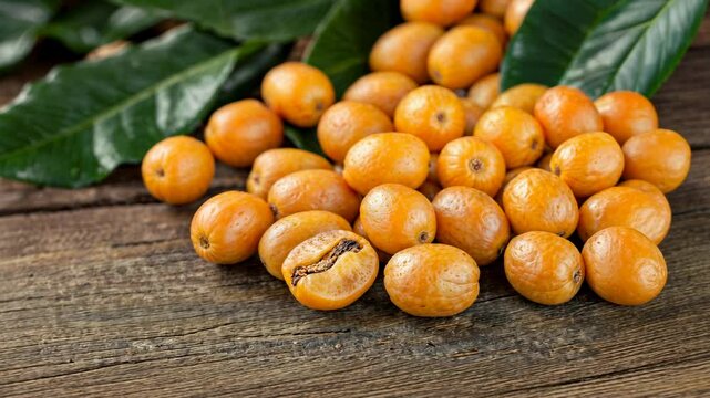 Yellow Coffee Cherries and Coffee Bean on Rustic Wood