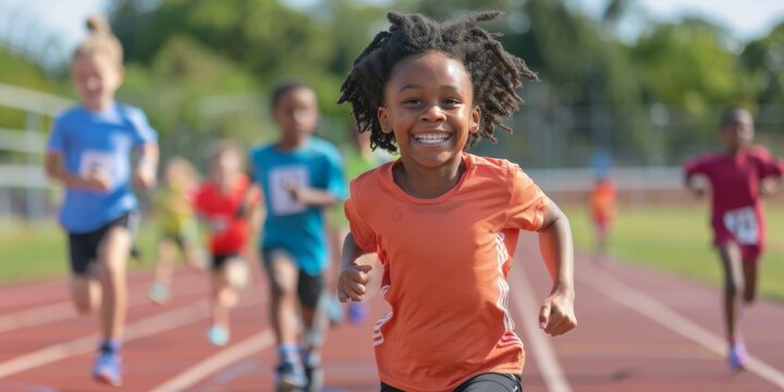 Portrait of a child filled with joy and youth energy running on track outside on beautiful day and other athletic children in background running as well doing exercise