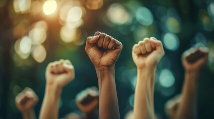 A close-up image of multiple diverse hands raised in fists, symbolizing unity and strength, against a blurred natural background.