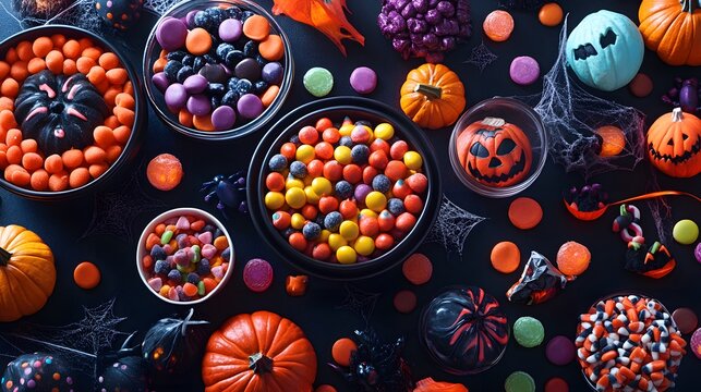 A colorful selection of Halloween candies displayed in playful arrangements with spooky decorations for an irresistible look