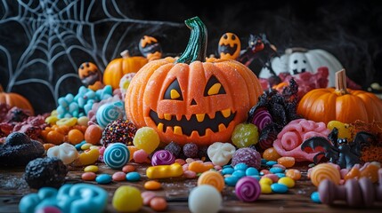 A colorful selection of Halloween candies in playful arrangements with spooky decorations creating a festive display