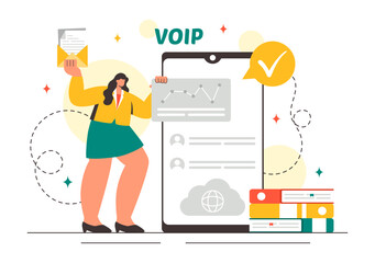 VOIP or Voice Over Internet Protocol Vector Illustration with Telephony Scheme Technology and Network Phone Call Software in Flat Background