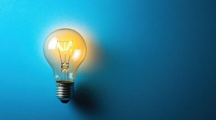 A solitary lightbulb illuminating a blue background with copy space