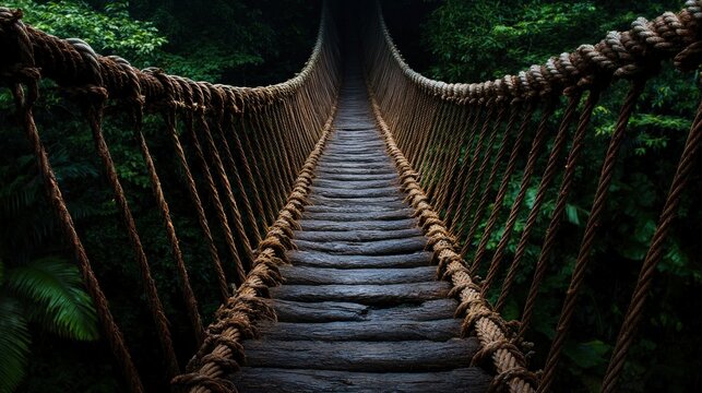 Fototapeta An old rope bridge crossing a deep ravine in a tropical rainforest