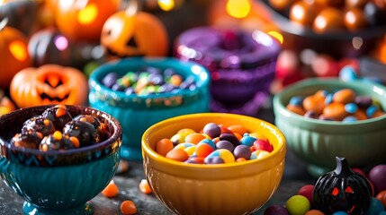A close-up of Halloween treats displayed in bright bowls with spooky decorations creating a festive and vibrant scene