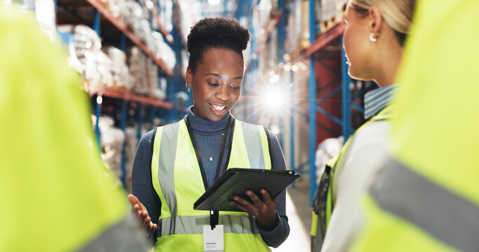 Logistics, woman and tablet in warehouse for management, discussion and brainstorming with team. Supervisor, tech and idea with group for planning, compliance training and information in factory
