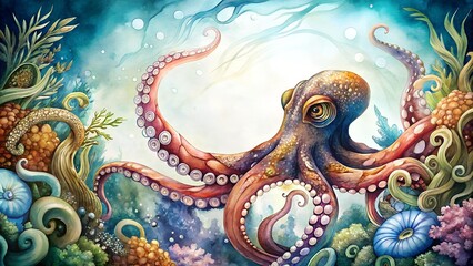 Obraz premium Whimsical Octopus in a Mystical Ocean Setting, Detailed Underwater Illustration