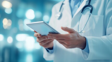 A healthcare professional examines data on a tablet while dressed in a white coat in a modern medical facility.