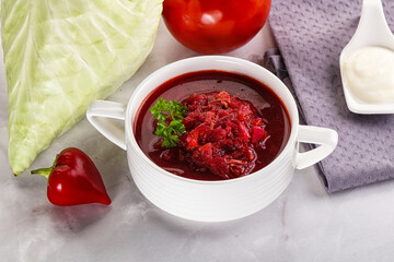 Borsch soup with cabbage and beetroot