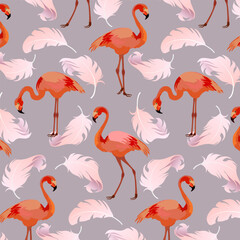 Flamingo and pink feathers.Vector seamless pattern with pink feathers and flamingos on a colored background.
