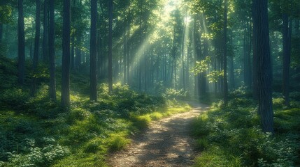 Obraz premium Sunbeams in a Tranquil Forest