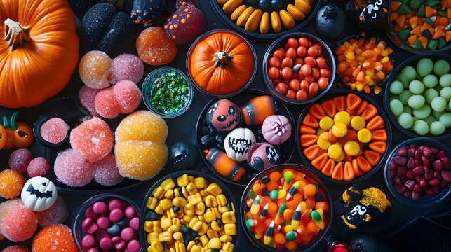 A colorful selection of Halloween candies in playful arrangements with spooky decorations enhancing the festive display