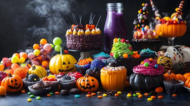 A colorful selection of Halloween treats in playful arrangements with spooky decorations enhancing the festive scene
