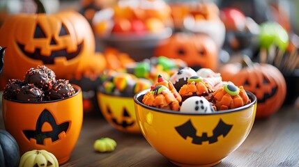 A close-up of Halloween treats displayed in bright bowls with spooky decorations enhancing the festive atmosphere