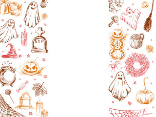 Set of halloween elements in sketch style. Design of  ghosts, creepy and spooky elements for halloween decorations, sketch, icon. Hand drawn vector template